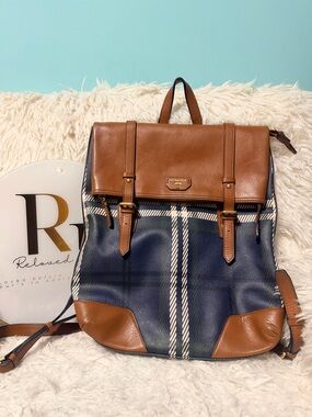Bean Pole Brown & Navy Plaid Leather-Trim Backpack